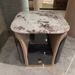 Marble-Top Sofa Side Table with Curved Beige Side Panels, Dark Textured Cabinet Body and Single Storage Drawer